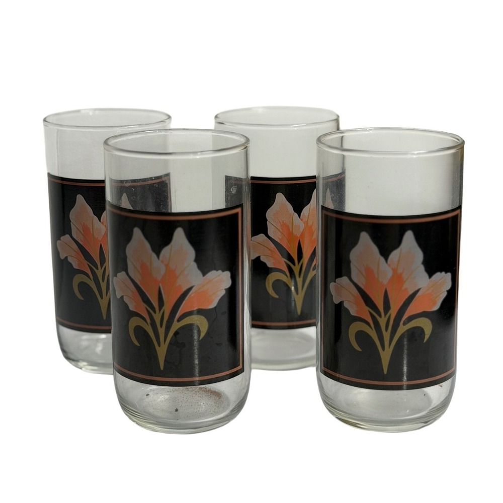 VTG Libbey‎ Tumblers Glasses Peach Iris MCM Floral Black Gold Set of 4 5.5"